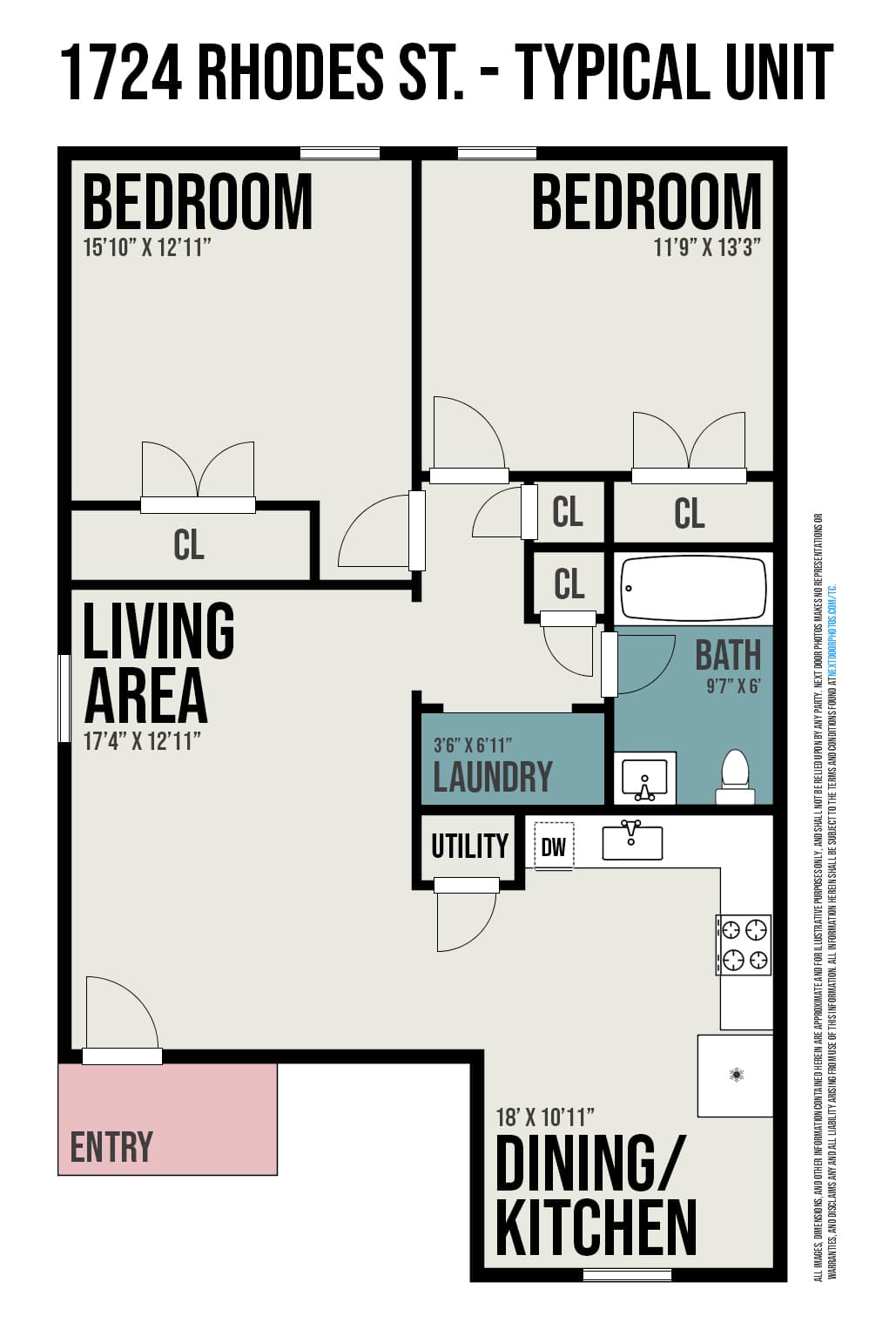 Floor plan for upper-floor units C and D showing 2 bedrooms, living area, combined dining/kitchen, bath, and laundry
