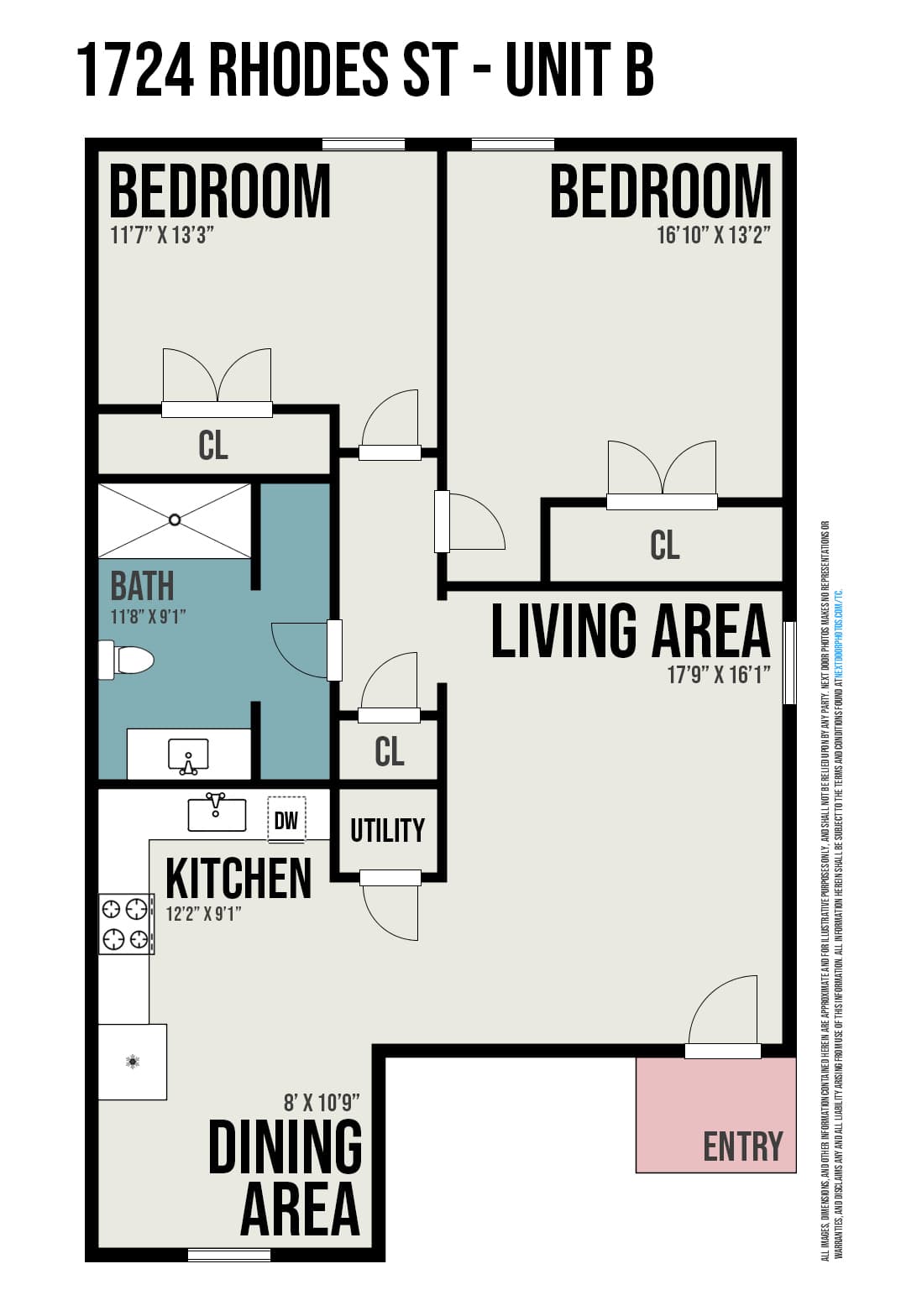 Floor plan for ground-floor units A and B showing 2 bedrooms, larger living area, separate kitchen and dining, and larger bath